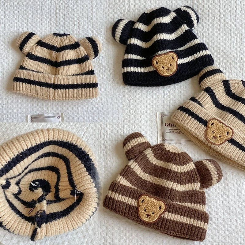 Autumn And Winter Children’s Warm Hat Cute Striped Bear Hat Korean Baby With Double Ball Knitted Hat Men’s And Women’s Treasure Hat