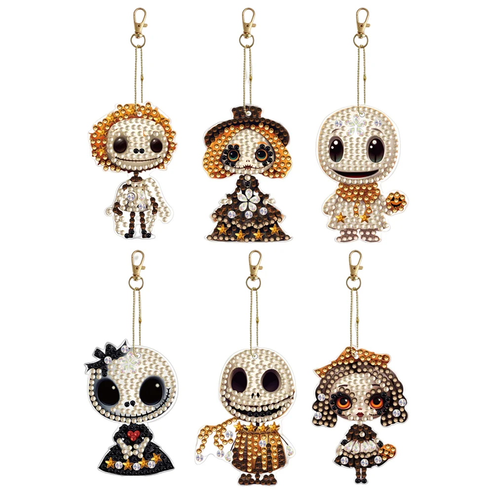6pcs DIY Horror Doll Diamond Art Key Rings Double Sided Keychain Supplies Gift for Kids