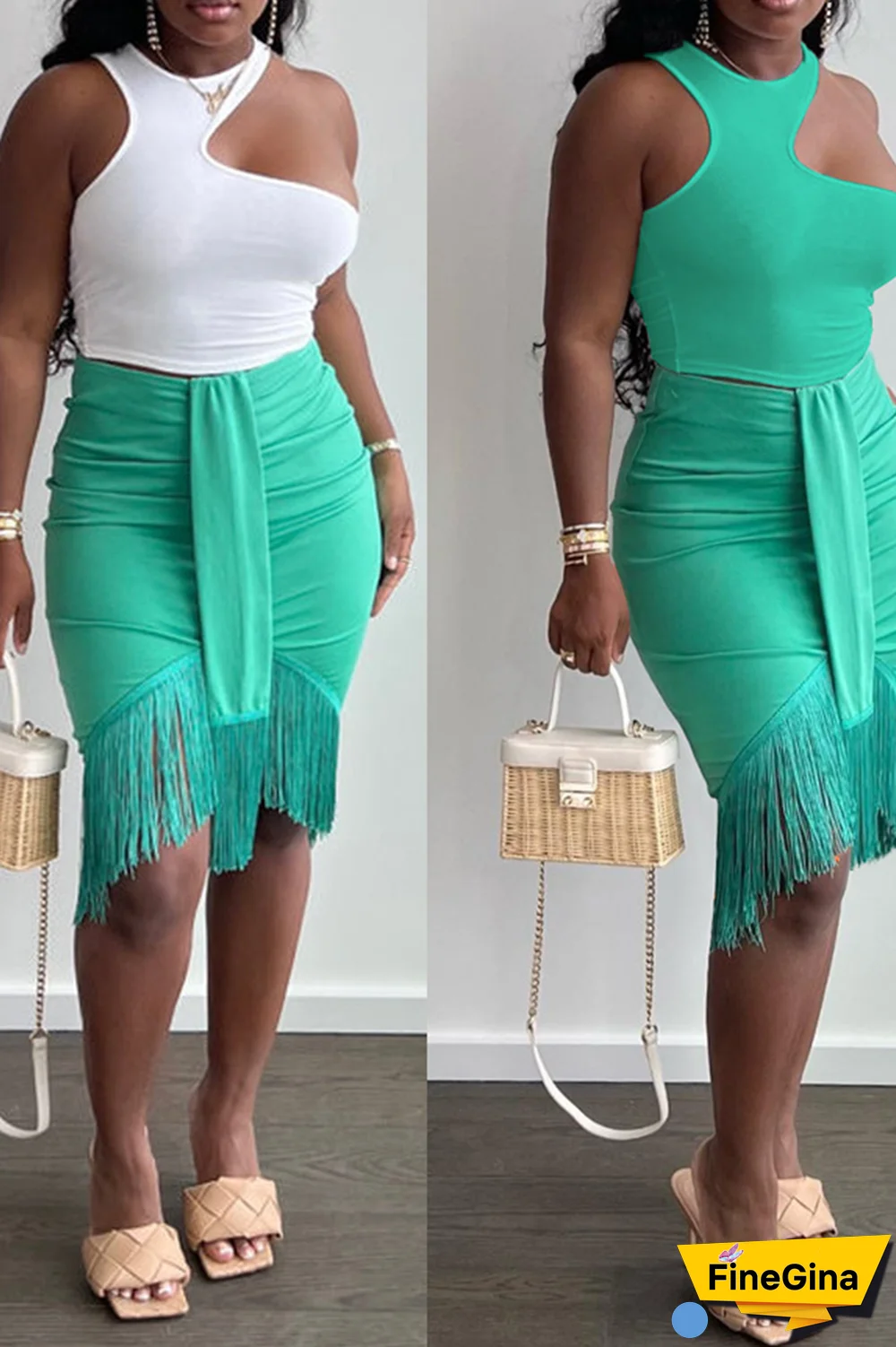 White Green Sexy Solid Tassel O Neck Sleeveless Two Pieces