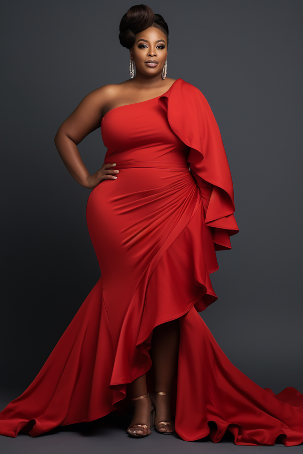 Design Plus Size Mother Of The Bride Maxi Dresses Elegant Red Spring Summer Oblique Collar Petal Sleeve Long Sleeve Mermaid Knitted Maxi Dresses [Pre-Order]