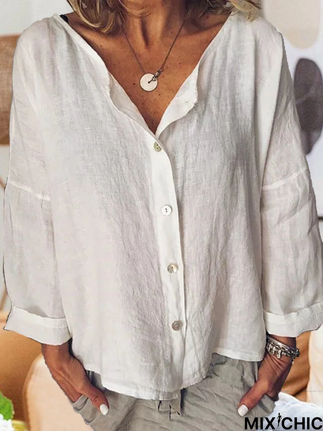 Long Sleeve Solid Shirts Plus Size Blouses Linen