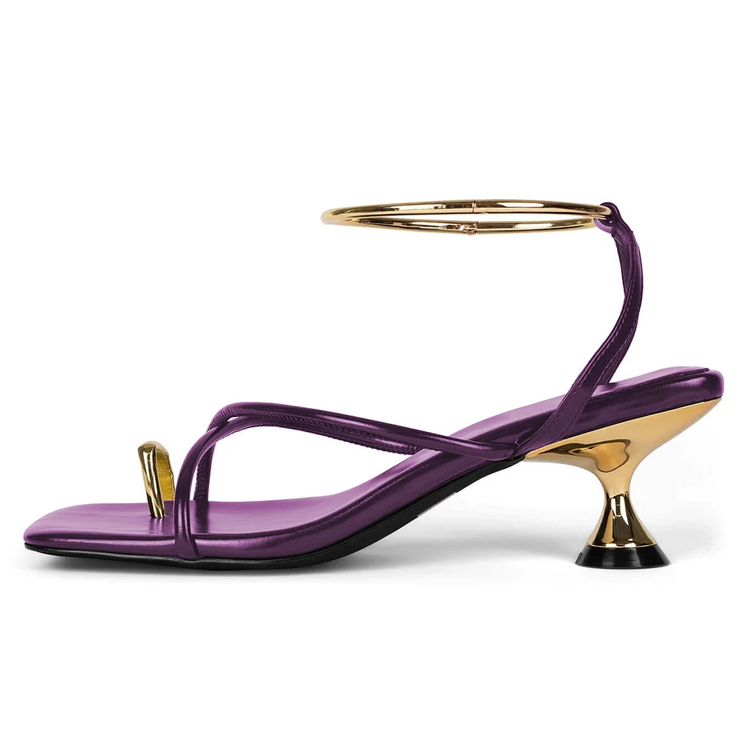 Shiny Vegan Leather Golden Toe-Ring Ankle Strap Sandals in Purple