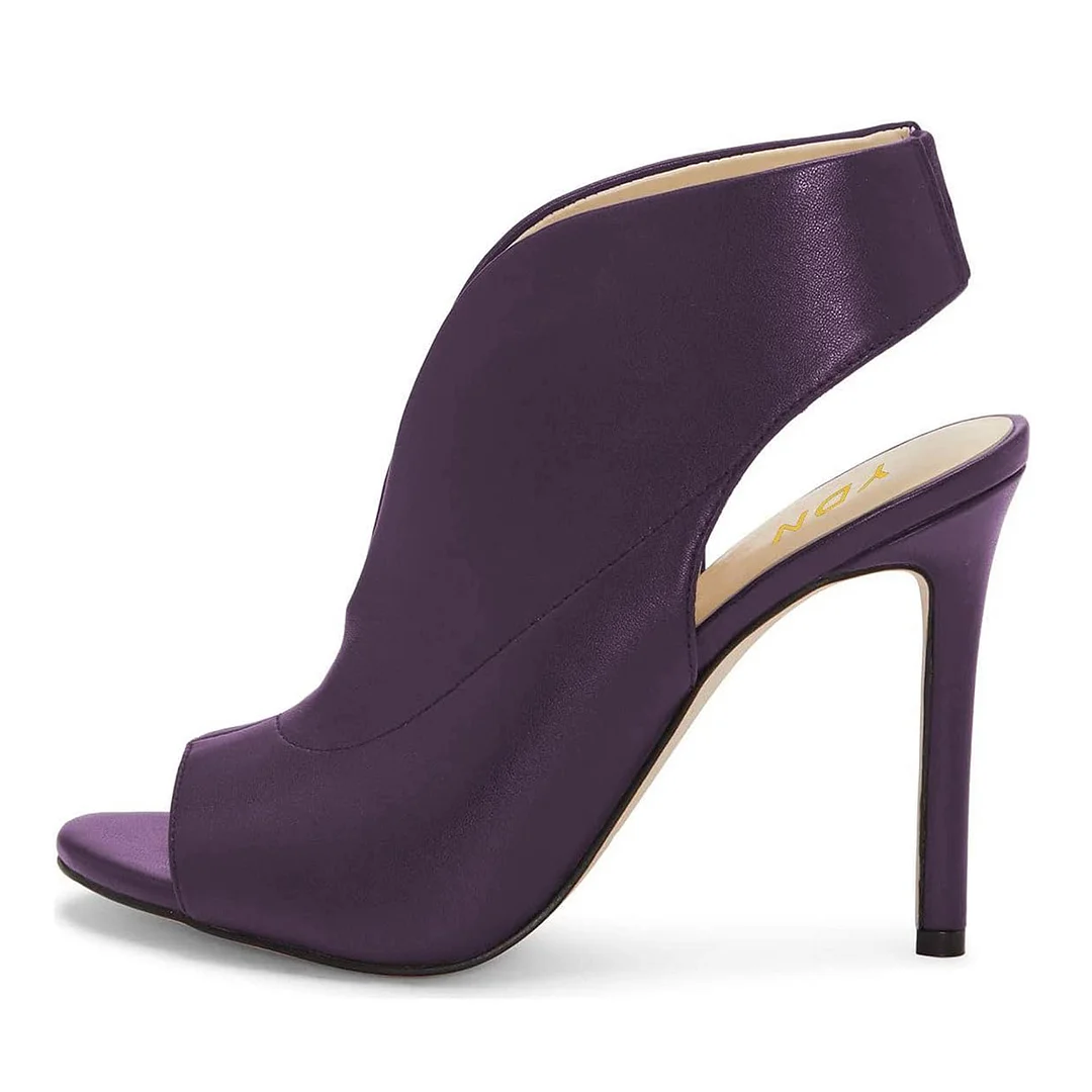 Purple Vegan Leather Peep Toe Front Opening Stiletto Heel Ankle Boots