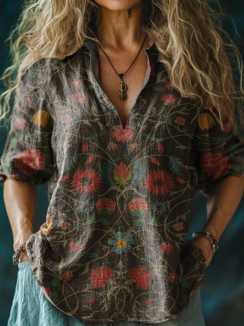 Women's Retro Dark Colored Flowers Print Casual Linen V-neck Shirt