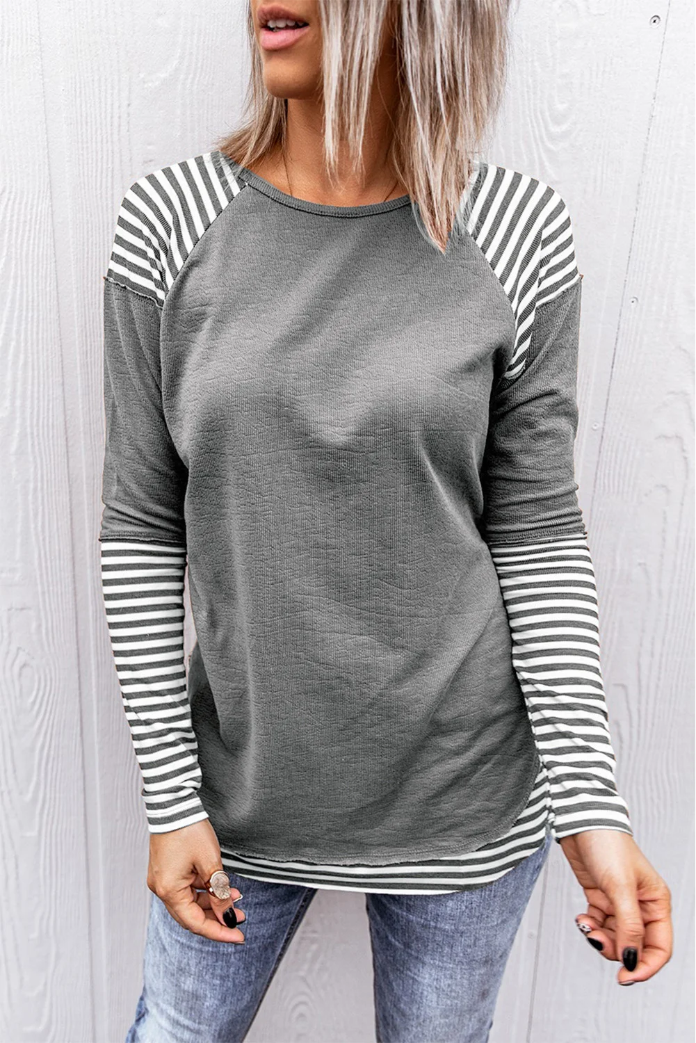 Gray Striped Raglan Long Sleeve Top | IFYHOME