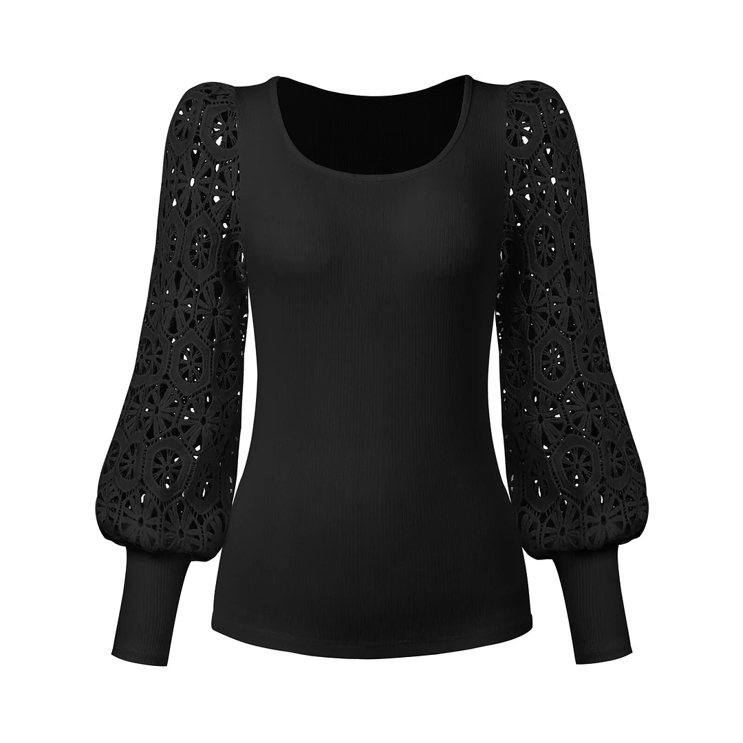 Jangj Winter Women Puff Sleeve Long Sleeve Lace Knitted Tops Female Sweet Cut Out Top Solid Color Clothes