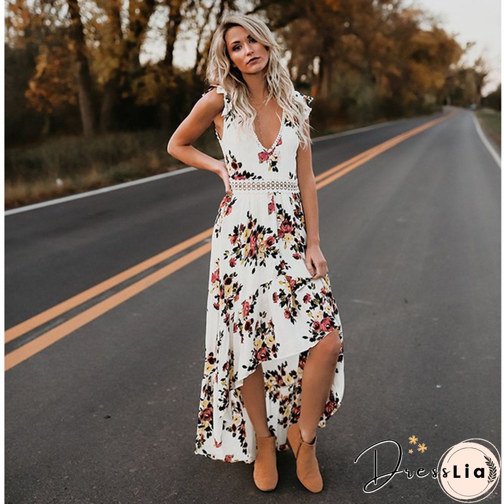 Summer Women Lace Hollow Backless Irregular Floral Long Beach Dress