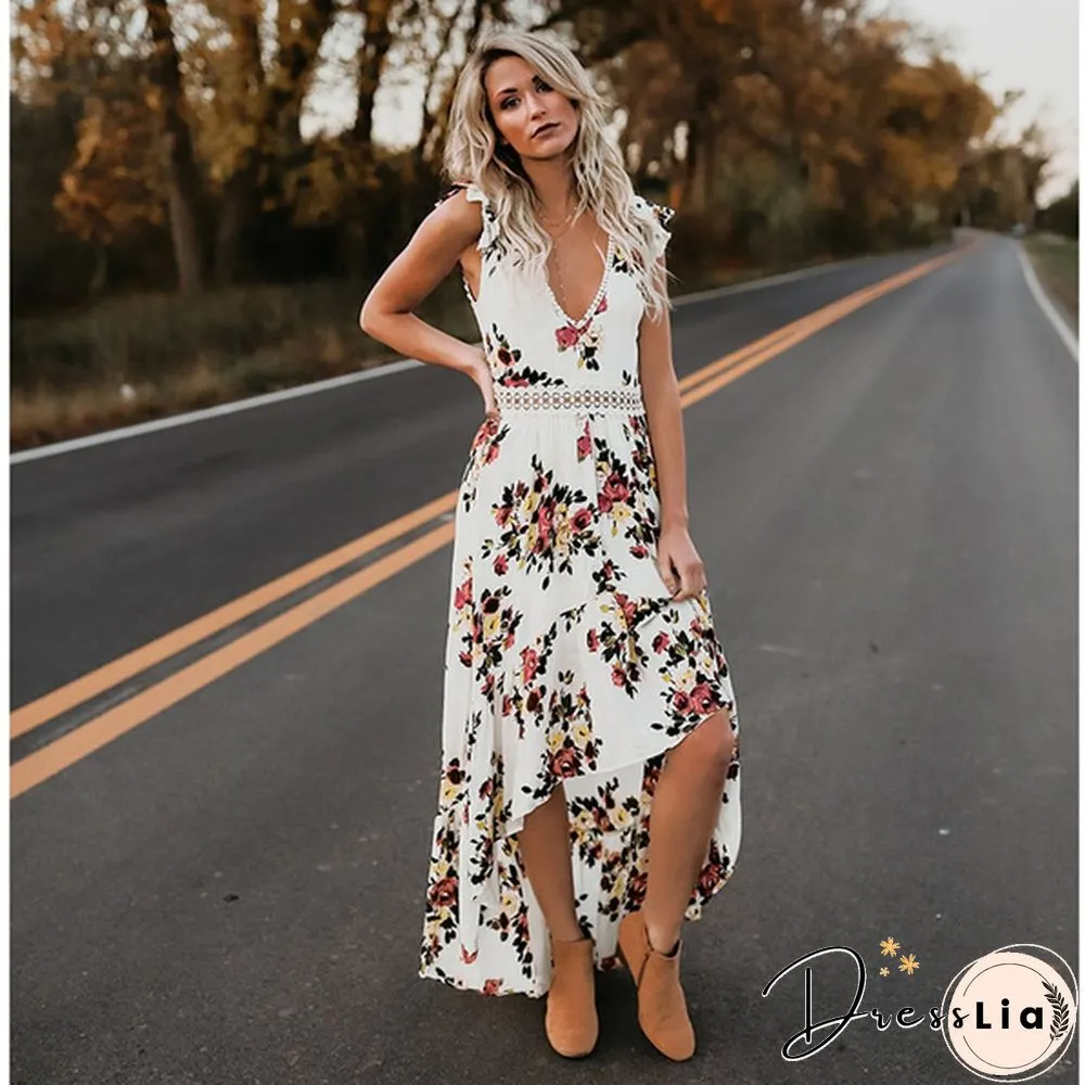 Summer Women Lace Hollow Backless Irregular Floral Long Beach Dress