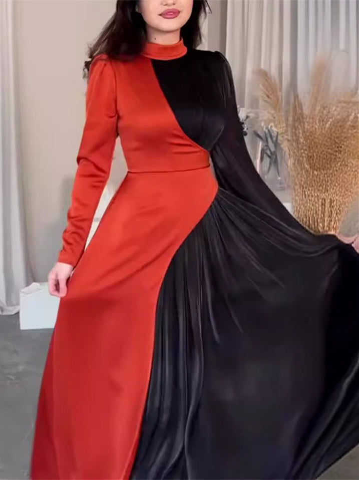 Women's Long Sleeve Scoop Neck Colorblock Maxi Dress