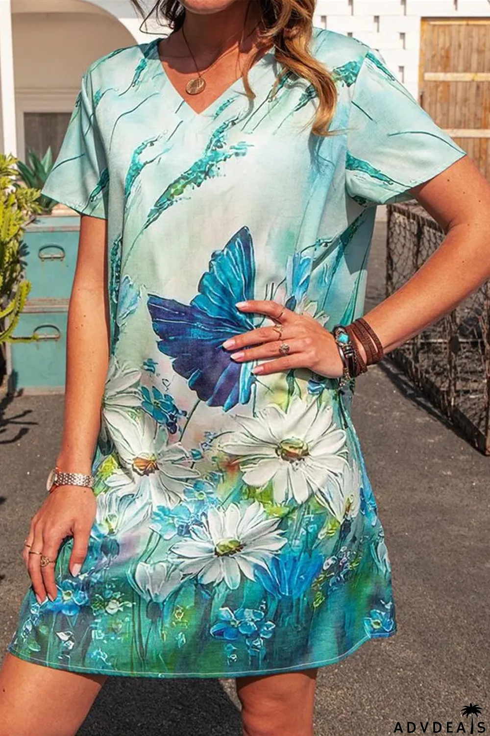 Short Sleeve V-Neck Floral Print Dress
