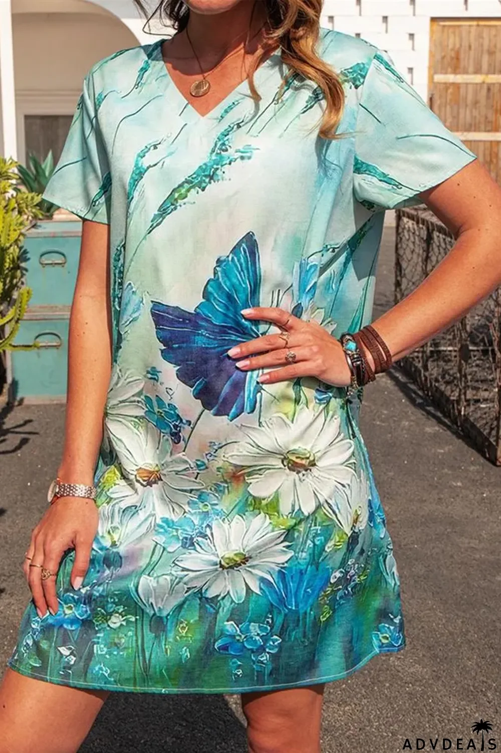 Short Sleeve V-Neck Floral Print Dress