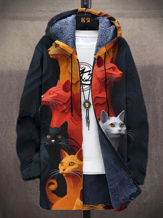 Men's Three-Dimensional Paper Art Cats Print Hooded Trench Coat