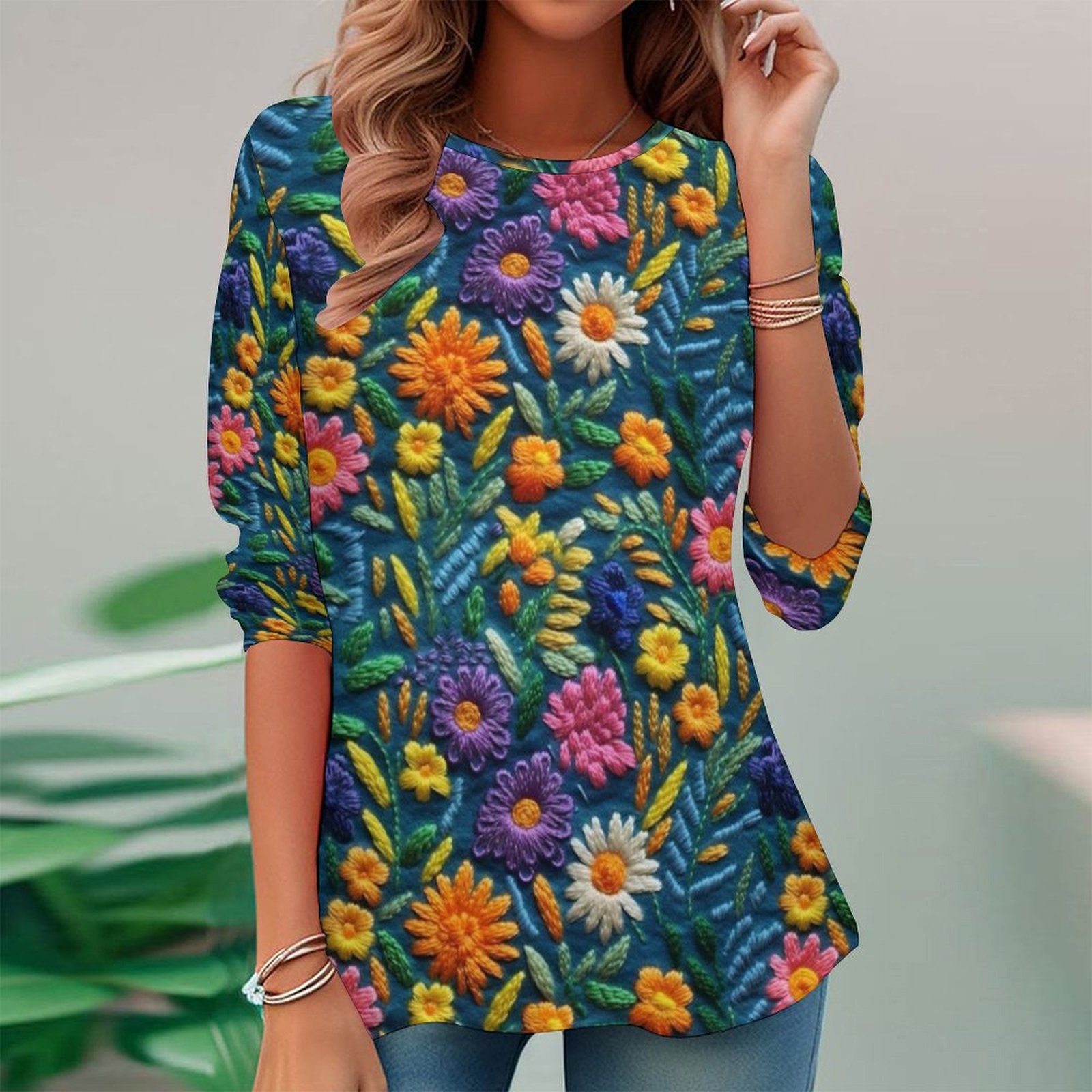 Women Long Sleeve V-neck Graphic Floral Printed Top