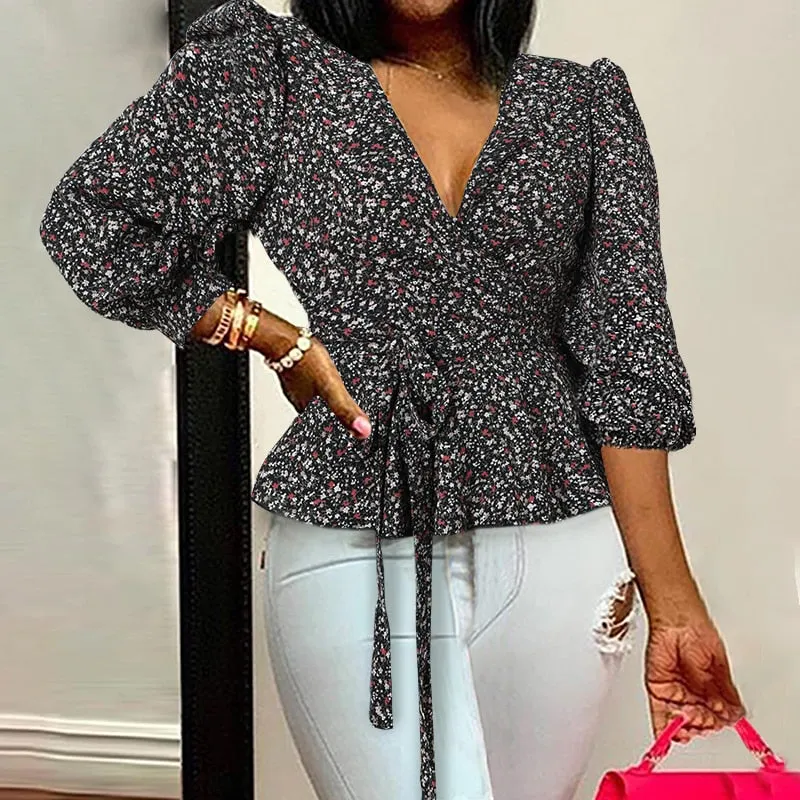 Celmia Women Elegant Blouse 2022 Summer Sexy V-Neck Leopard Print Tunic Shirt Belted Office Fashion Top Ruffles Blusas Femininas