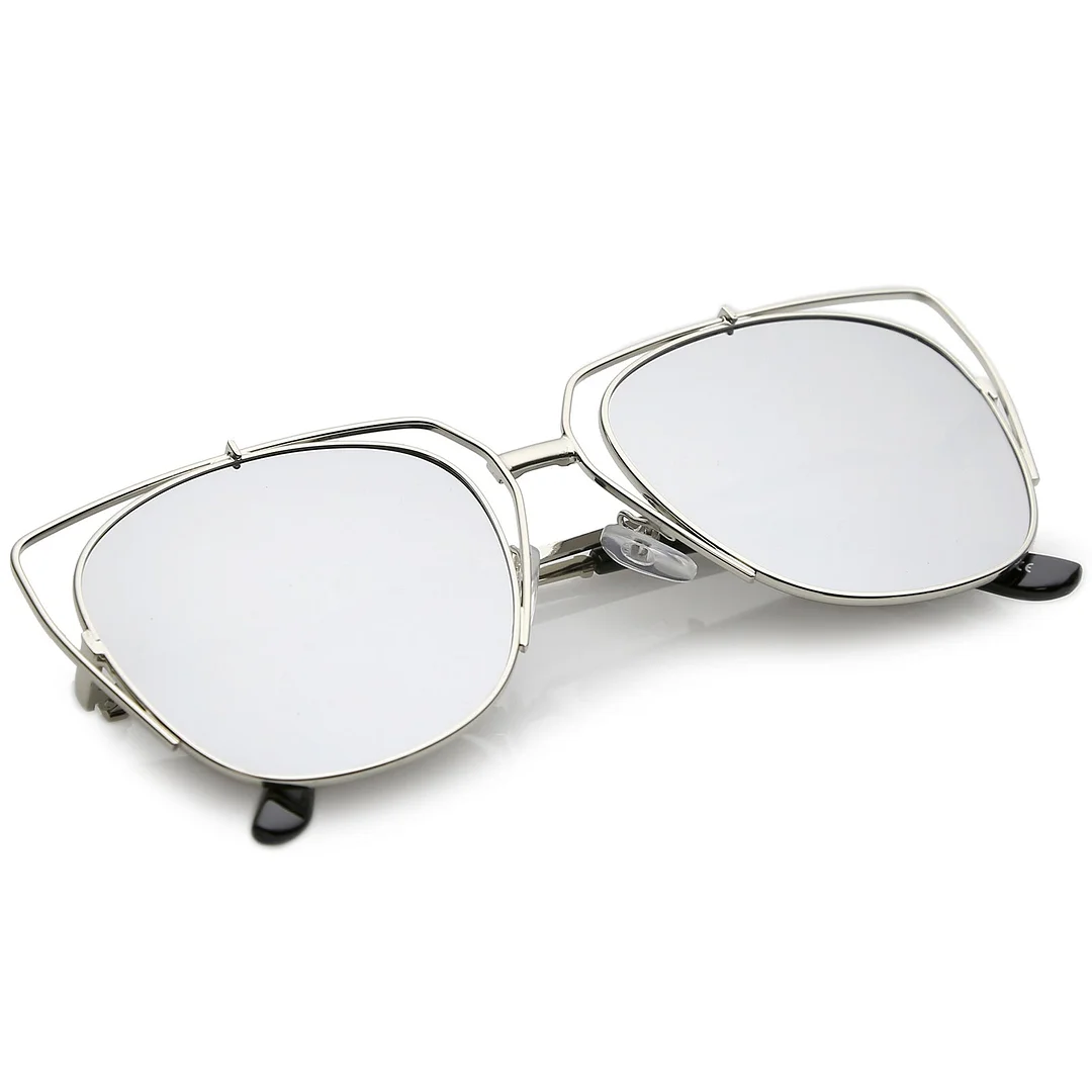 Women's Open Metal Cat Eye glasses With Mirrored Flat Lens And Slim Arms 55mm