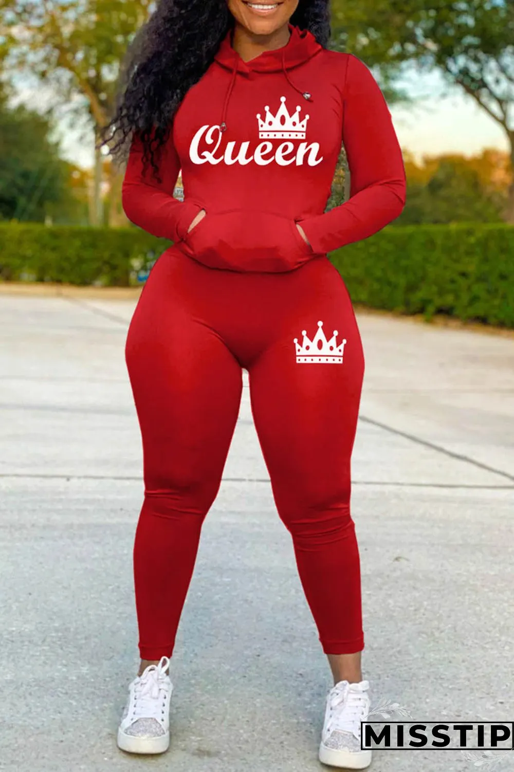 Red Casual Letter Print Basic Hooded Collar Long Sleeve Two Pieces