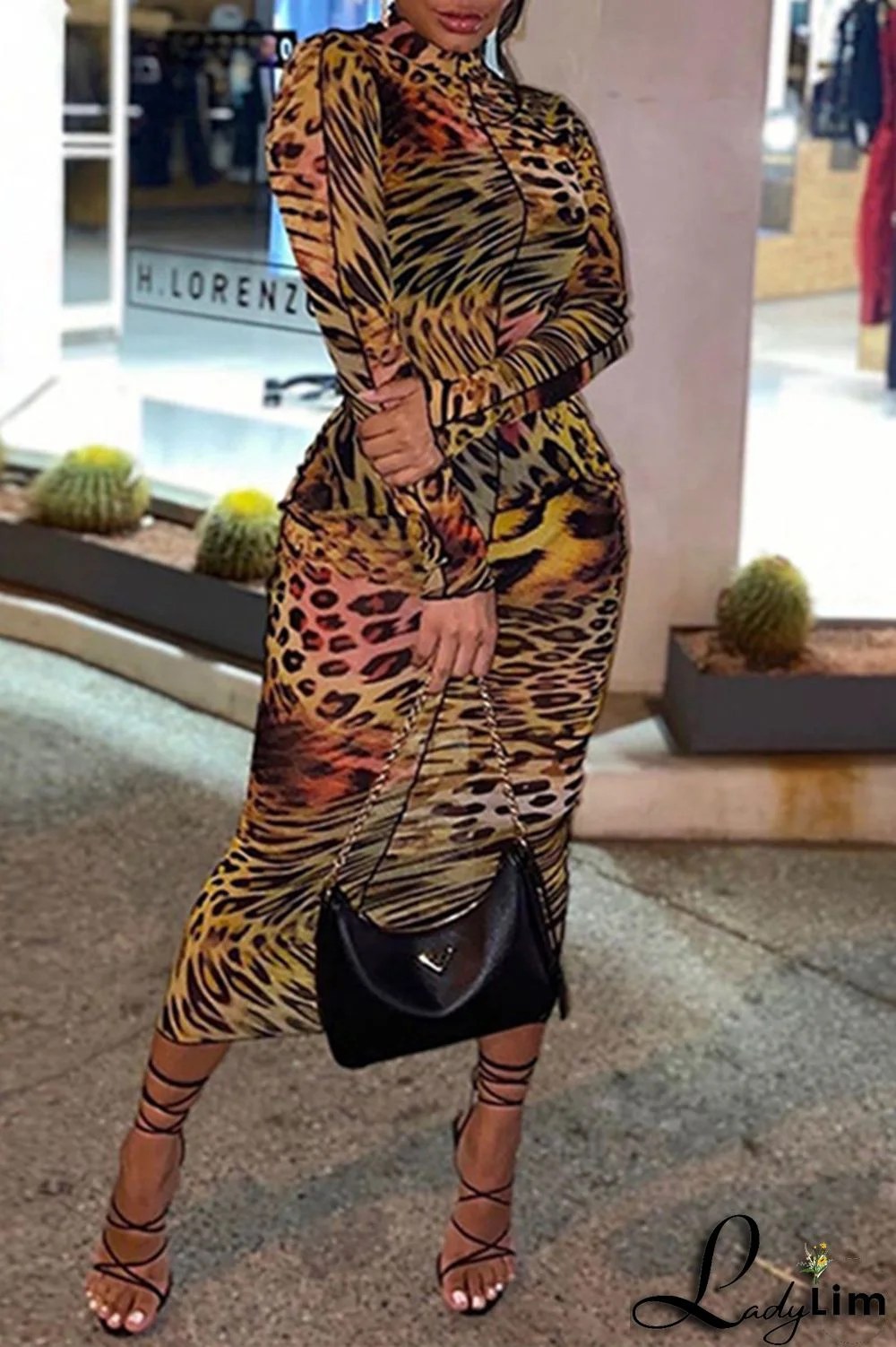 Leopard Print Fashion Casual Print Basic Turtleneck Long Sleeve Dresses