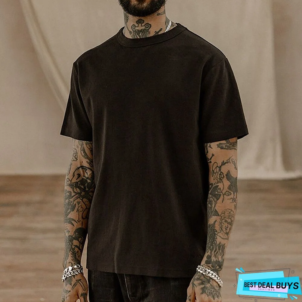 Men's 100% Cotton Acid Wash Shirt Oversized Shirt Plain Crew Neck Daily Wear Vacation Short Sleeve Clothing Apparel Fashion Sport Casual