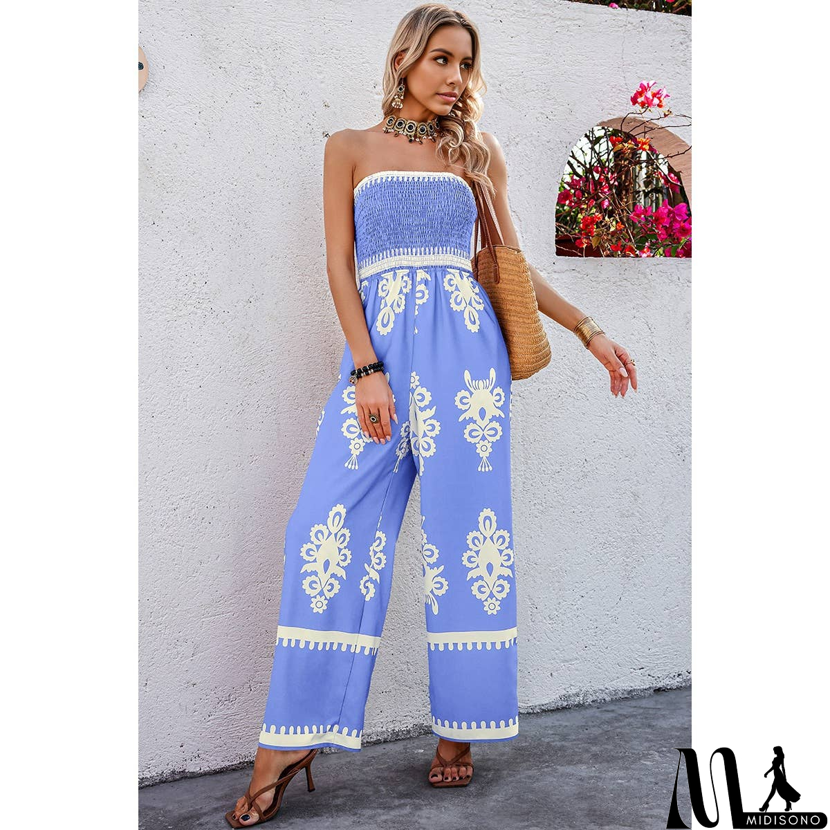 MidiSono - Off Shoulder Ruched Printed High Waist Jumpsuit