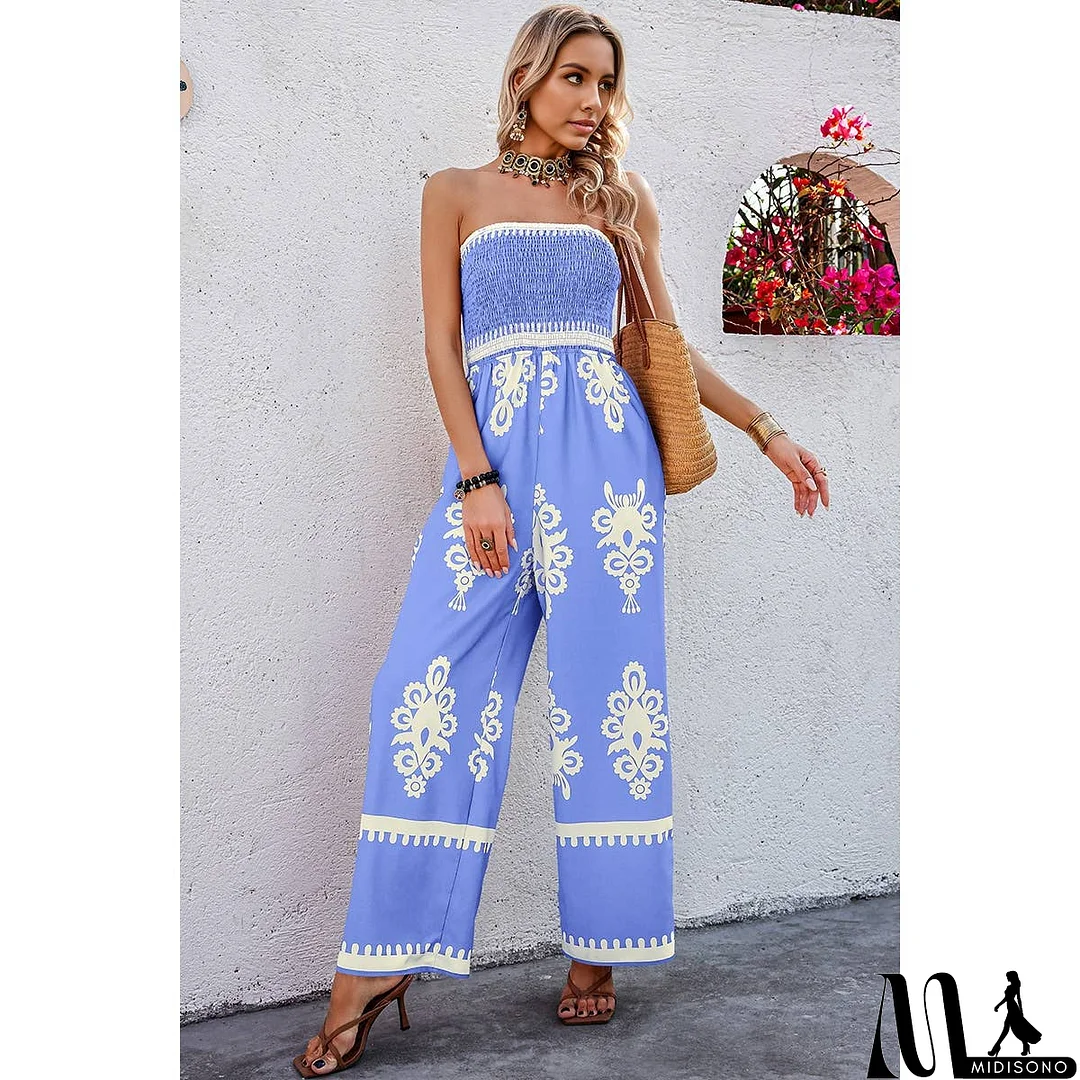 MidiSono - Off Shoulder Ruched Printed High Waist Jumpsuit