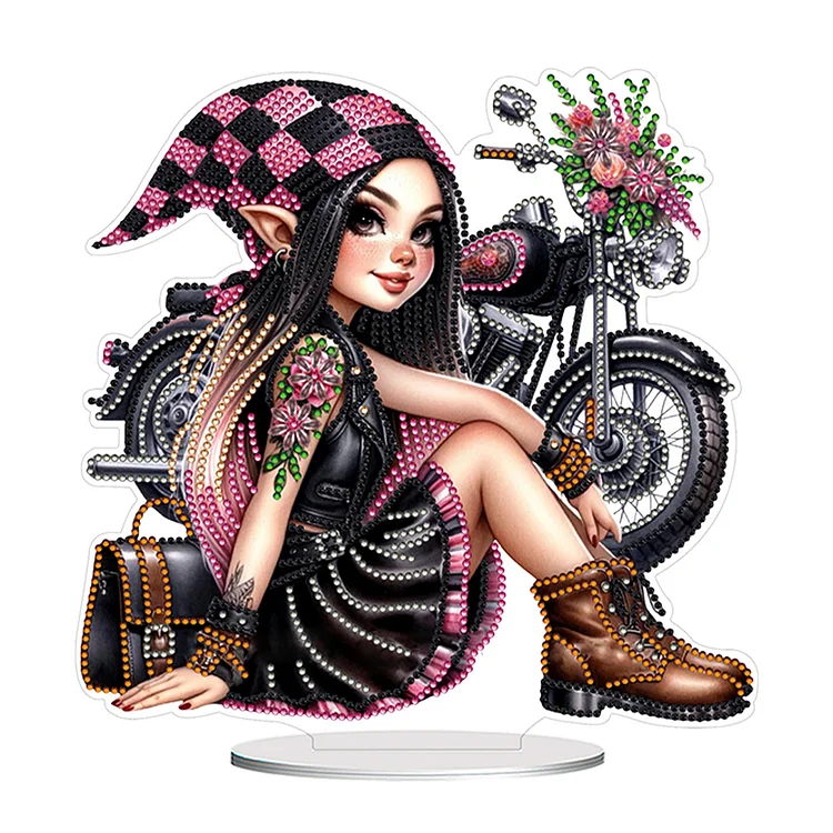 【Ornament】PVC Round Special Shaped Motorcycle Girl 5D Diamond Painting Ornament for Home gbfke