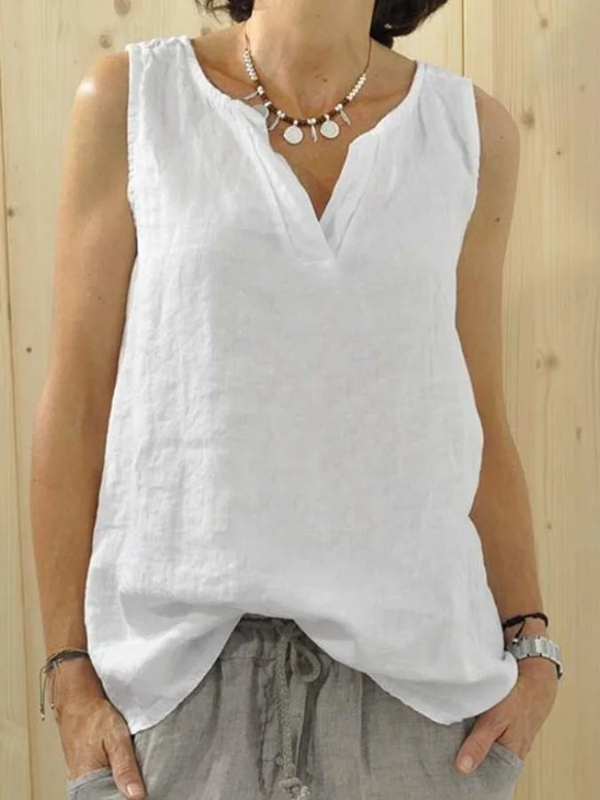 Women's Cotton Linen V-Neck Casual Sleeveless Shirt