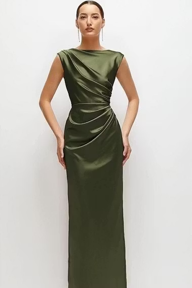 Stylish Satin Bateau Neck Sleeveless High-Waisted Long Sheath Prom Dress With Pleated | ZJ0032 Wellcucu
