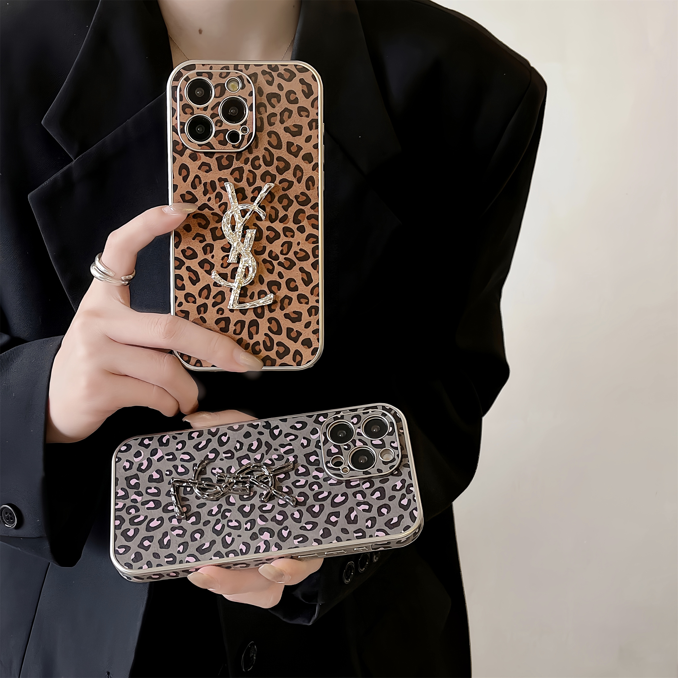 YSL 3D Metal Label Leopard Leather Apple iPhone Case