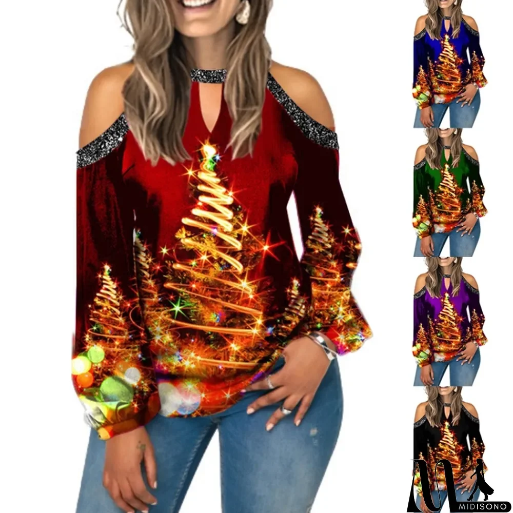 MidiSono - Christmas Sexy Print Hollow Out Sequins Long Sleeve Top
