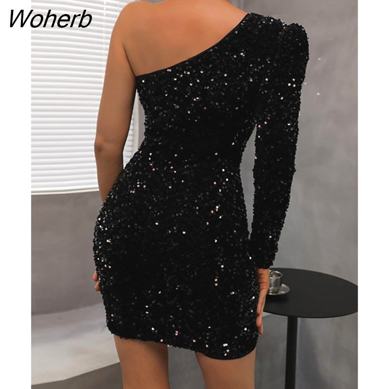 Woherb Autumn Sequins Shiny Women Dress Black Sexy Off Shoulder Evening Mini Dress Femme Skinny Elegant Party Clubwear Vestidos