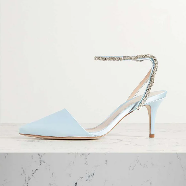 Light Blue Rhinestones Kitten Heels Pointed Toe Wedding Satin Pumps |FSJ Shoes