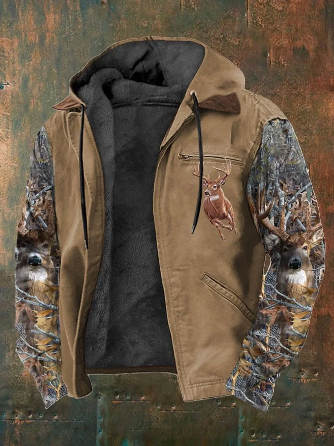 Men's Western Style Vintage Elk Plush Multi-Pocket Jacket