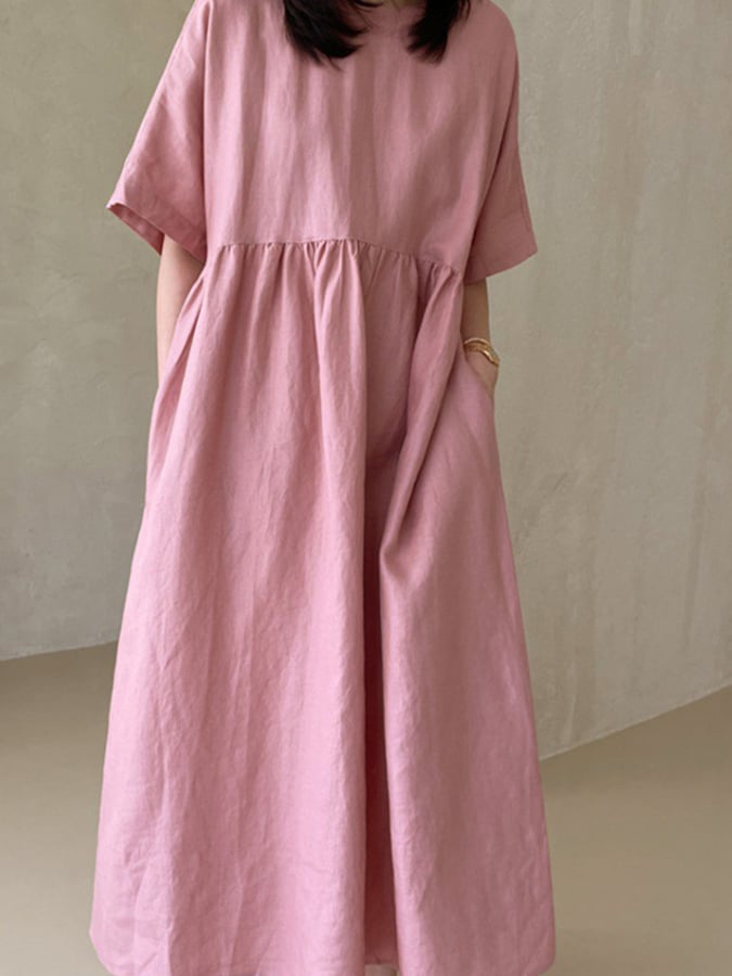 Women's Solid Color Buttoned Design Loose Cotton And Linen Casual Dress