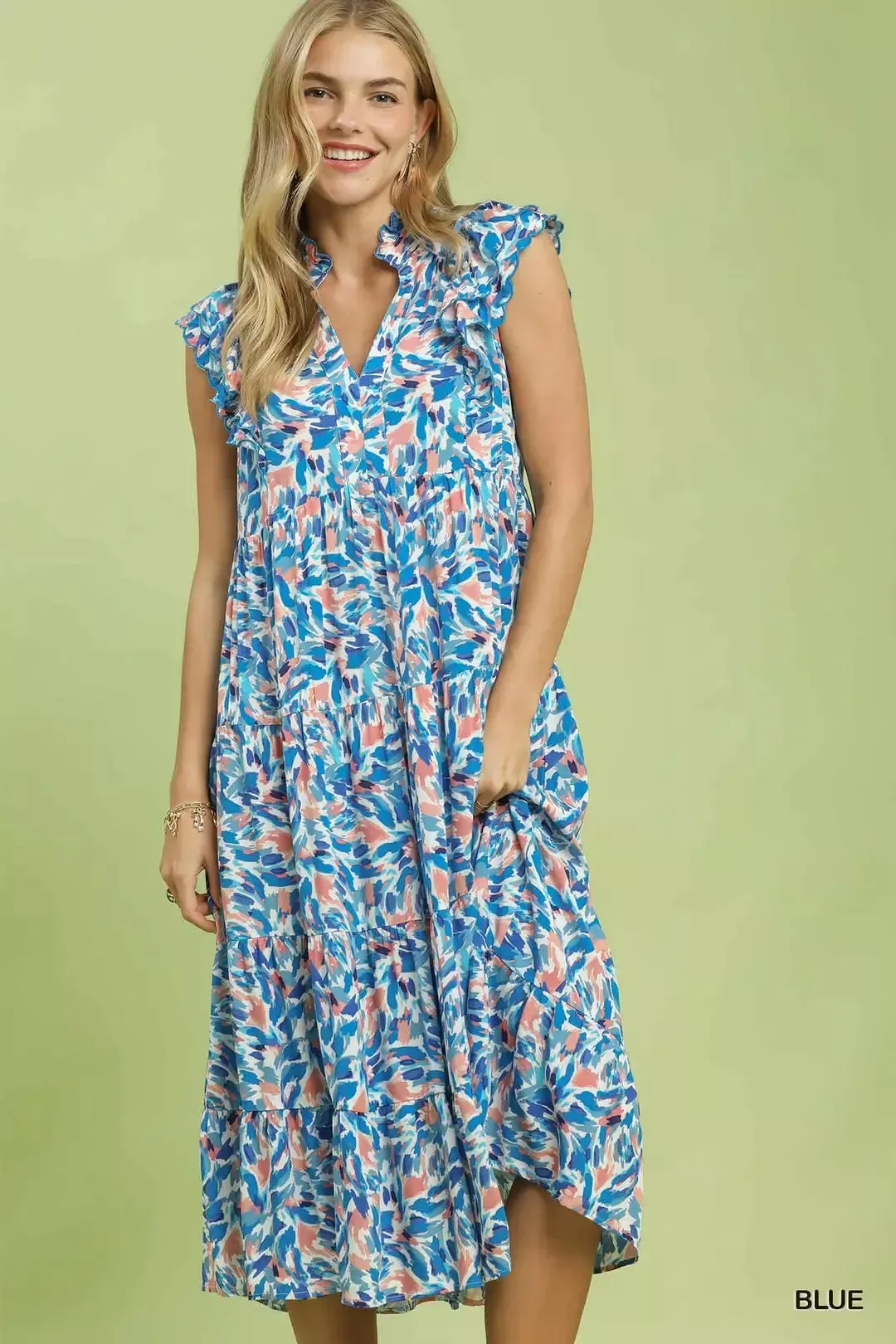 Umgee Leaf Print Midi Tiered Dress with Side Pockets mysite idetrend