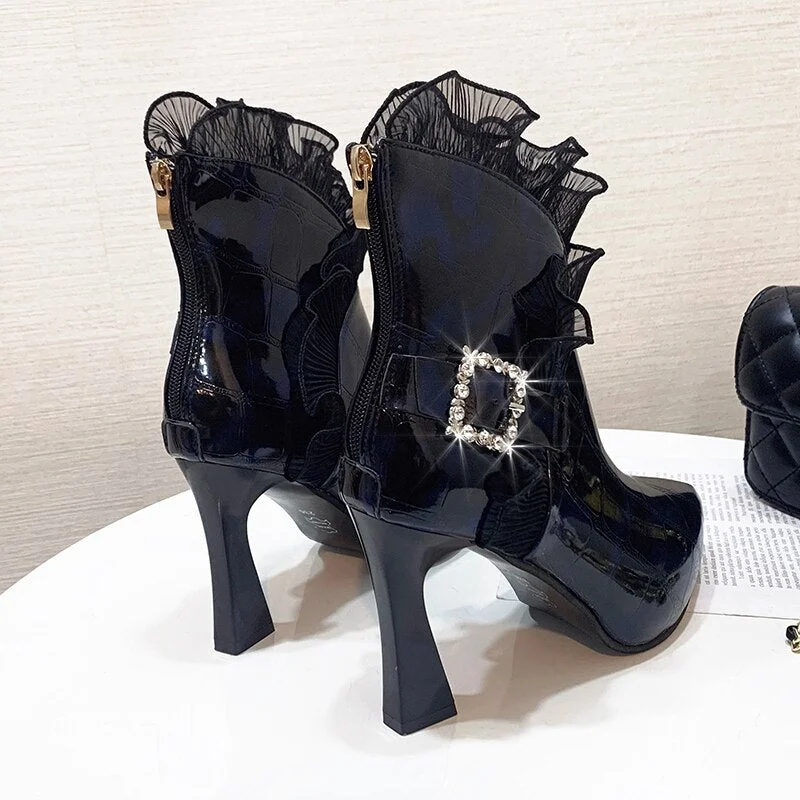 Elegant Women's Modern Boots Fashion High Heels Lace Design Buckle Decorate Ladies Ankle Boots Black Stone Grain Women's Shoes