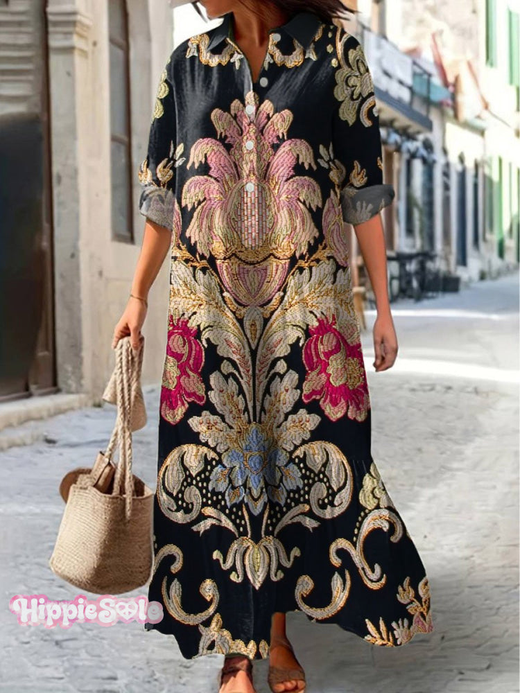 Women’s Vintage Lovely Floral Art Print Pocket Cotton Dress Multicolor / S