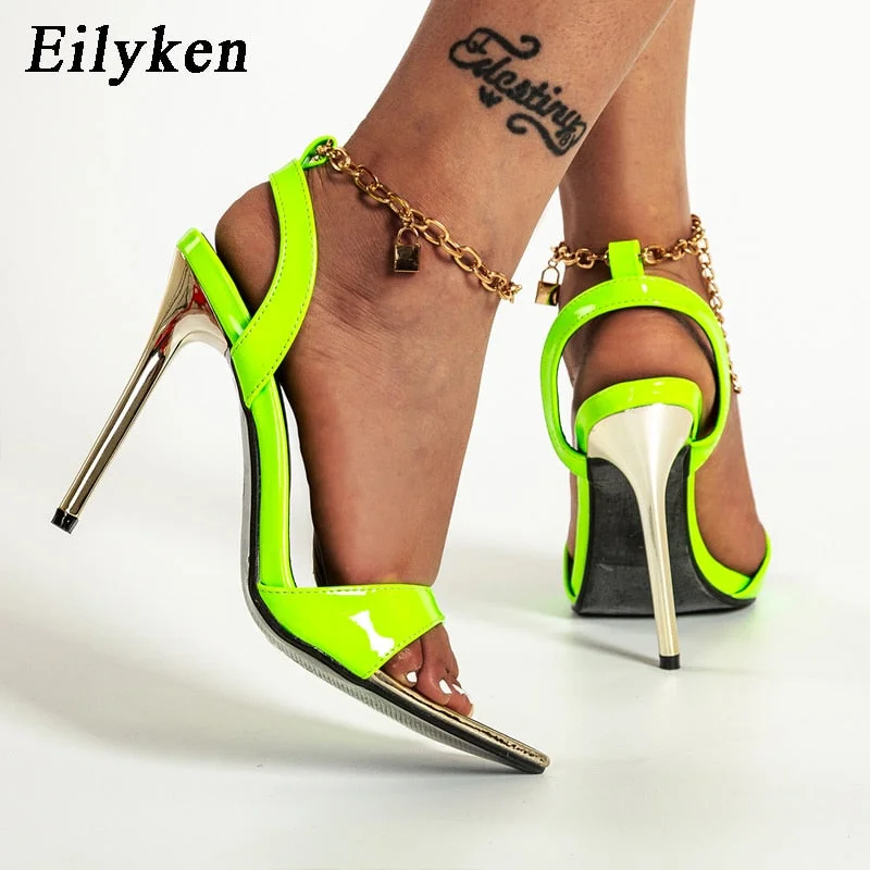 Eilyken 2022 Summer New Chain Ankle Strap Sandals Women Sexy Open Toe Thin High Heels Sandals Female Buckle Strap Wedding Shoes