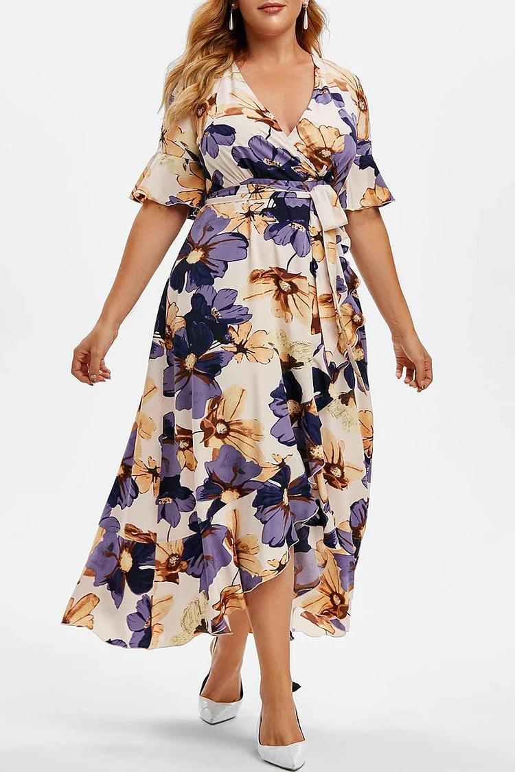 Plus Size Casual Pink Bohemian Floral Print Ruffle Crossover Hem Wrap Maxi Dress  Flycurvy [product_label]