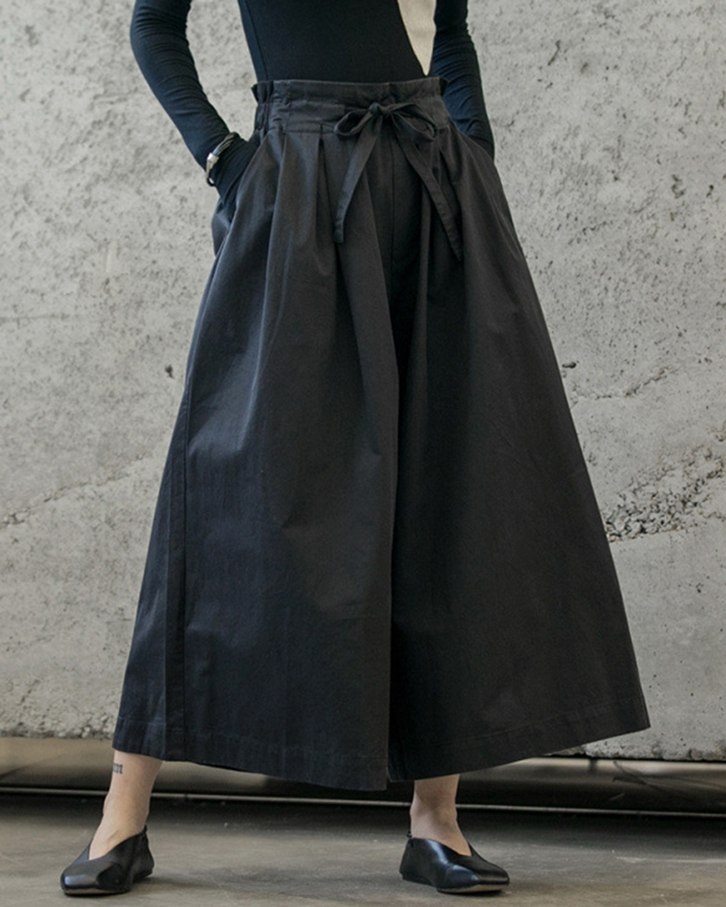 Tie Up Belt Wide Leg Side Pockets Pants
