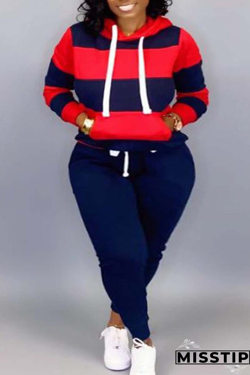Plus Size Rose Red Casual Striped Patchwork Contrast Hooded Collar Two Pieces