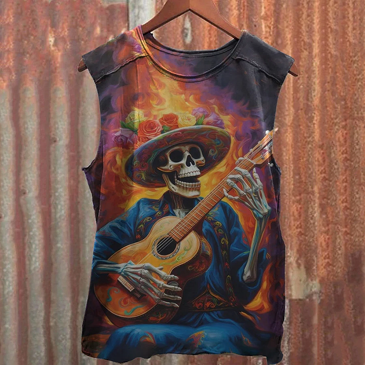 Comstylish Men's Halloween Vintage Day of the Dead Guitar Player Print Vest