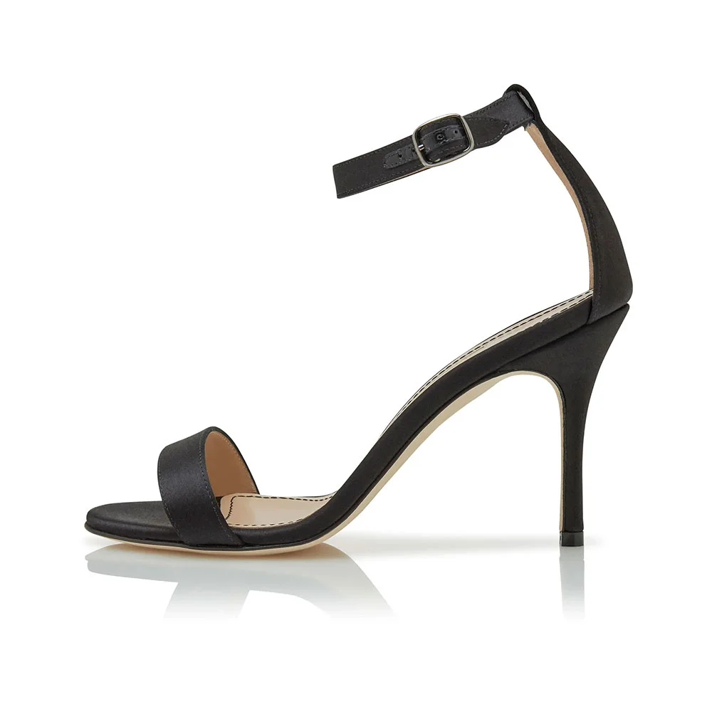 Black Satin Round Toe Ankle Strap Buckled Women's Heel Sandals