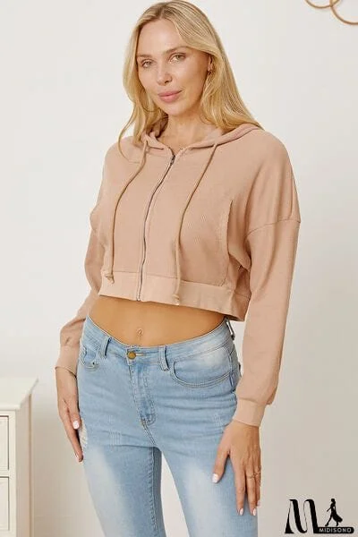 MidiSono - Waffle-Knit Drawstring Zip Up Hoodie