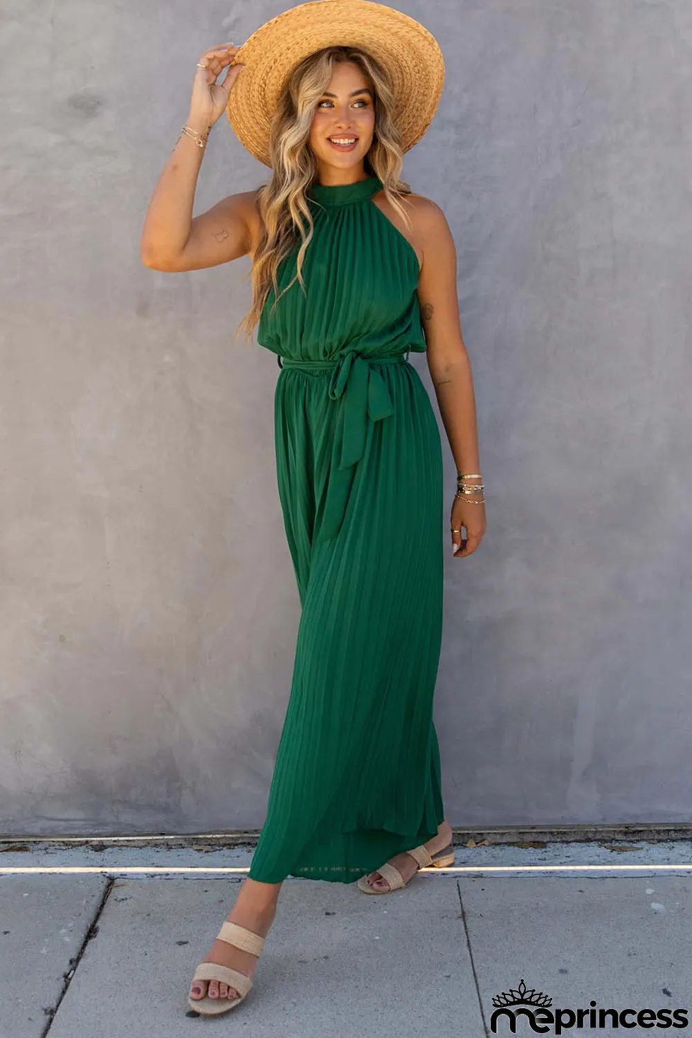 Green Halter Neck Pleated Wide Leg Jumpsuit with Belt