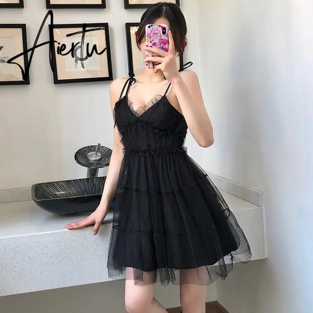 Spaghetti Strap Dress Black Sweet Princess High Waist A-line Sexy Mini Dress Puffy Vintage Mesh Dress Sundress  Women Clothing Aiertu