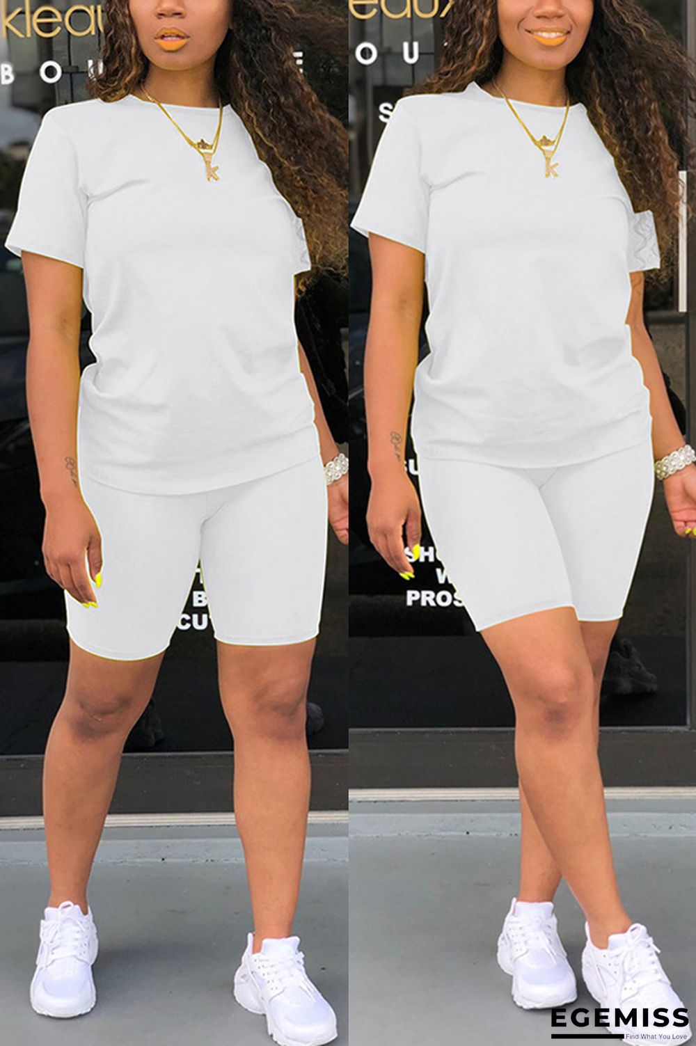 White Fashion Casual Slim fit Two Piece Suits Solid Regular Short Sleeve Two-Piece Short Set | EGEMISS