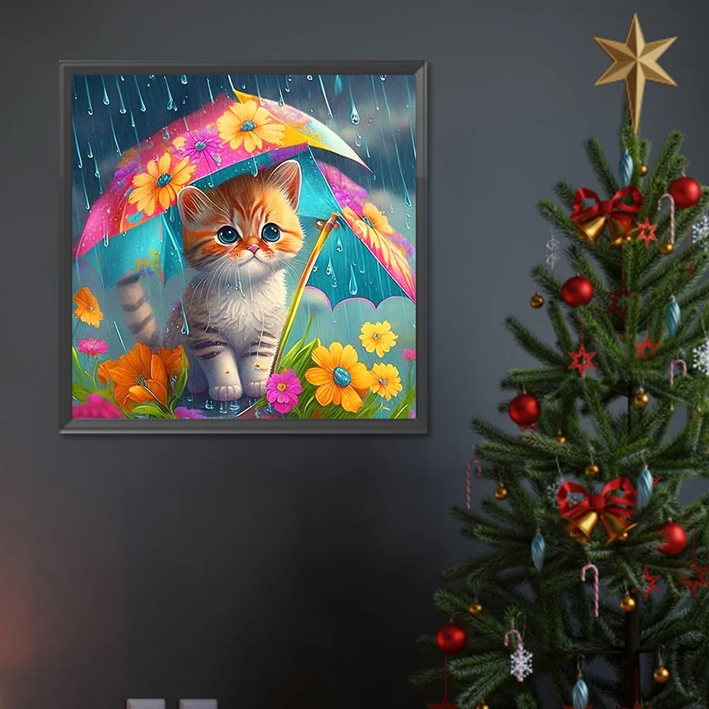 Diamond Painting - Full Round Drill - Umbrella Cat(Canvas|30*30cm)