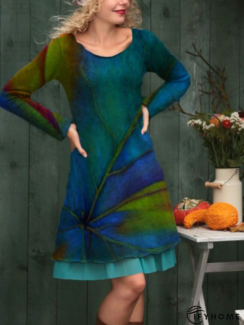 Multicolor Cotton Printed Casual Knitting Dress | IFYHOME