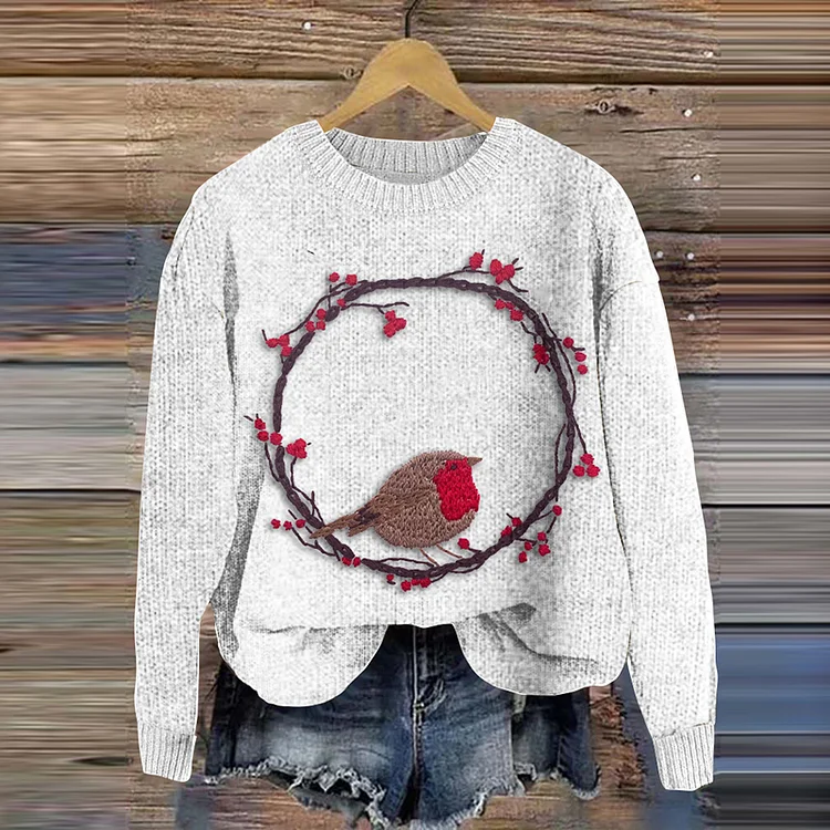 Comstylish Art Bird And Flowers Embroidery Pattern Knit Art Cozy Crew Neck Sweater