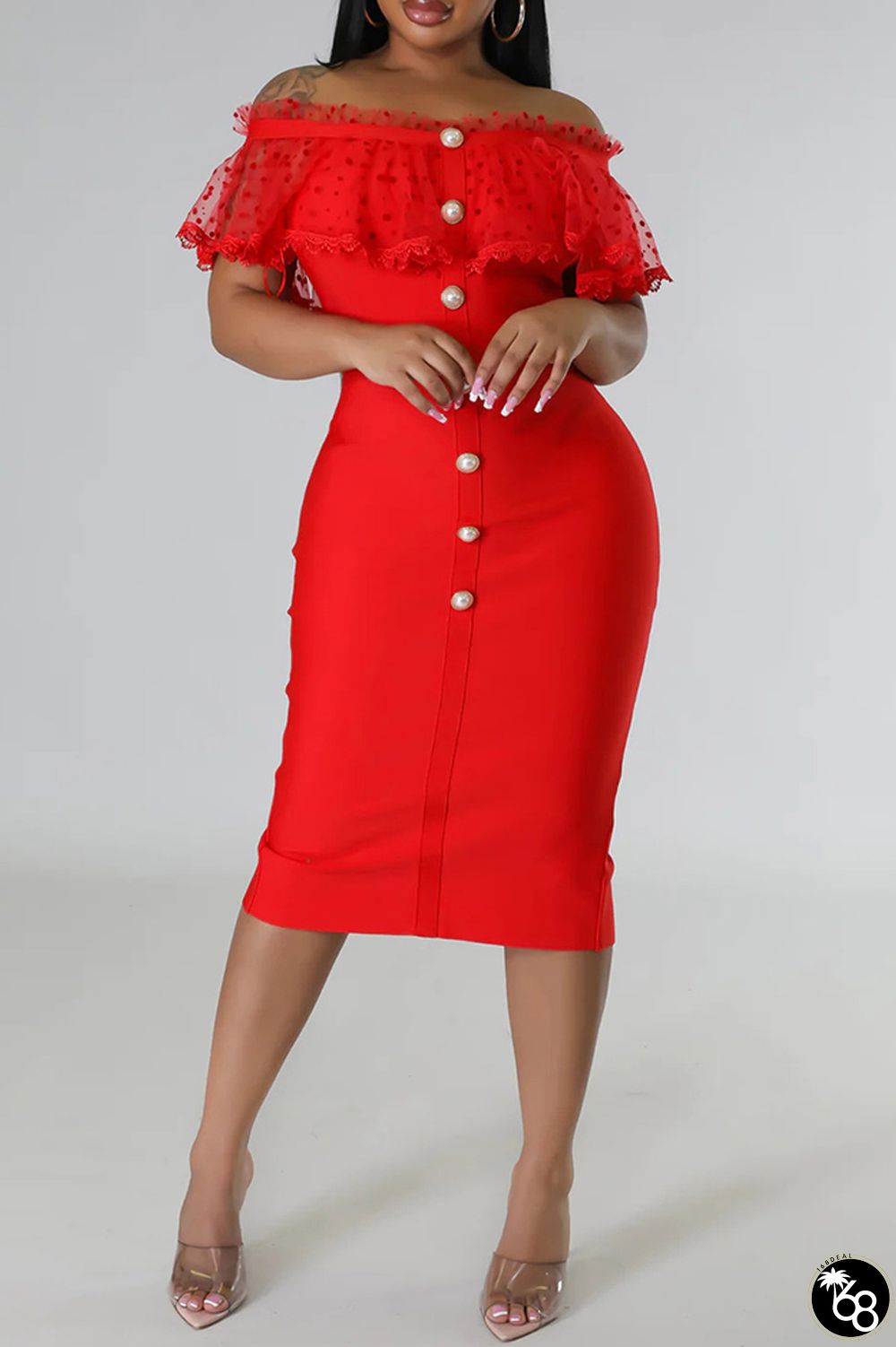 Red Casual Solid Patchwork Off the Shoulder One Step Skirt Dresses | 168DEAL